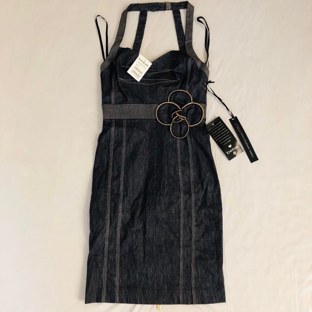 Brand New Bebe Blue Denim Jeans Dress with Flower Zipper size 6
